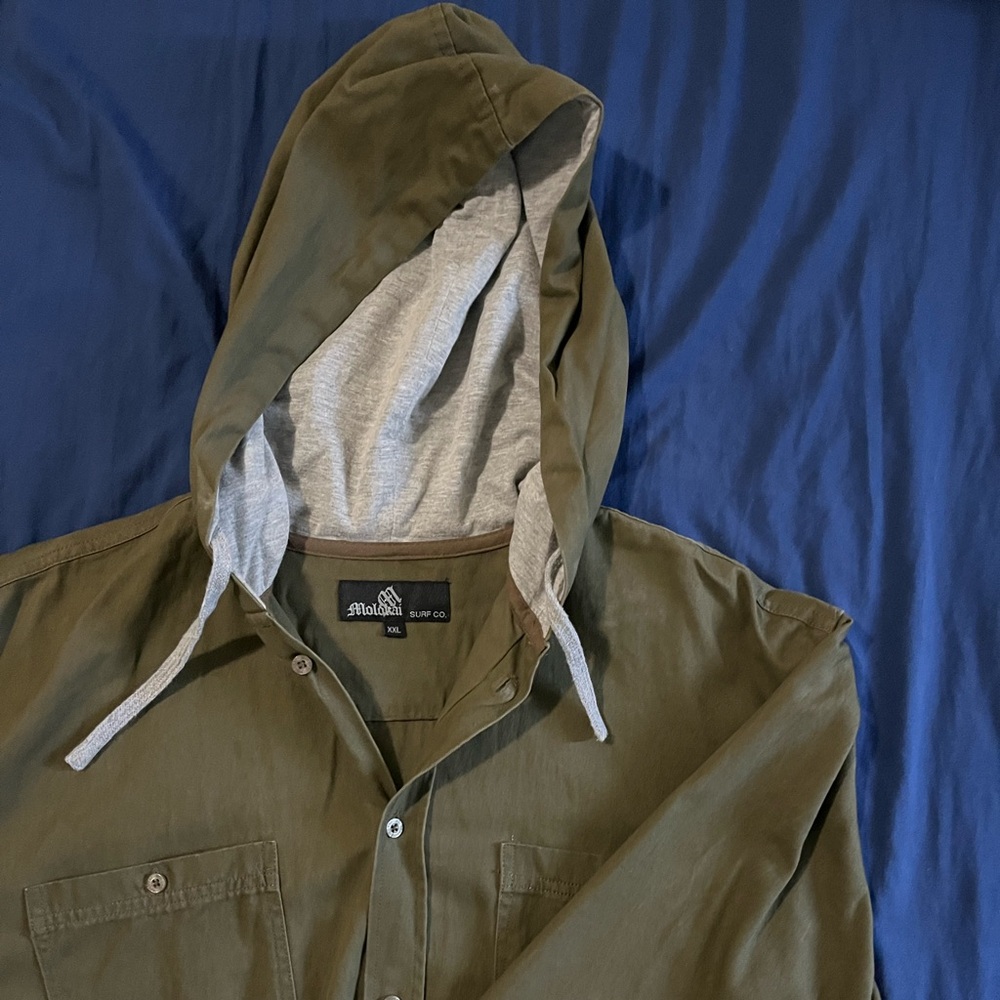 Olive green hooded button up jacket
